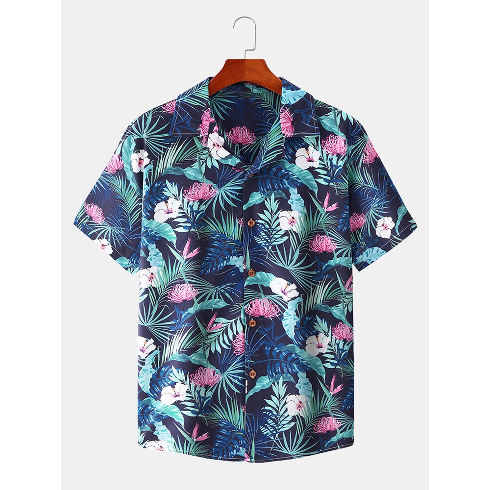 Mens Tropical Floral Print Lapel Holiday Casual Thin Short Sleeve Shirt - White M
