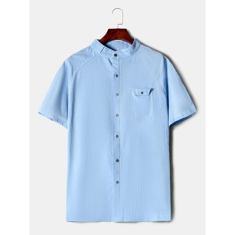 Cotton Mens Solid Color Stand Collar Short Sleeve Casual Shirts - Light Blue 4XL