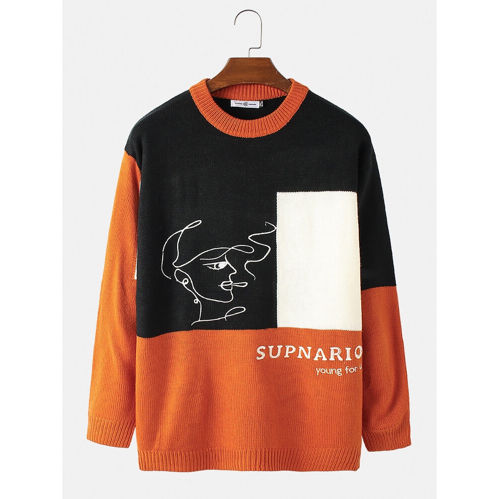 Mens Contrast Color Abstract Figure Print Crew Neck Casual Pullover Sweater - M Red