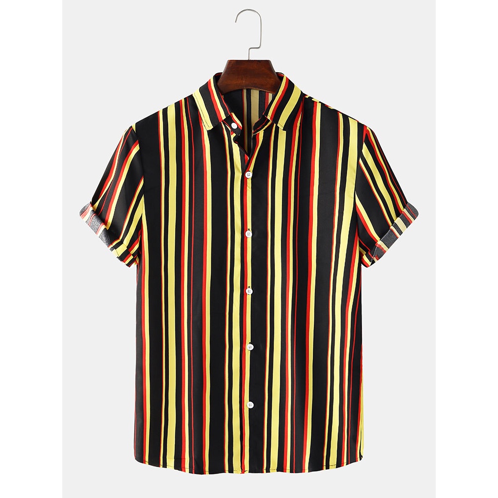 Mens Colorful Vertical Stripes Short Sleeve Lapel Collar Casual Shirts - Yellow S