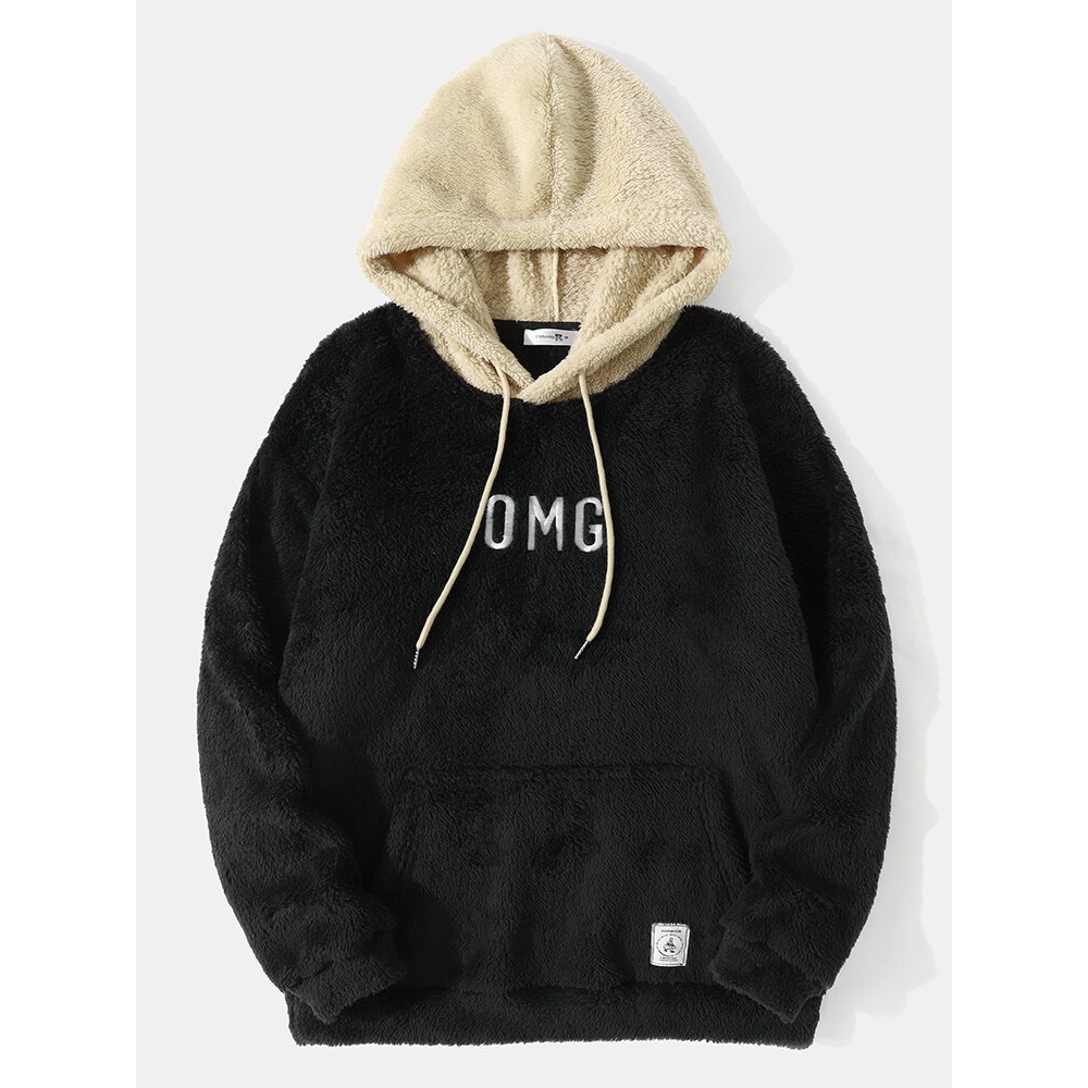 Men Fleece Letter Contrast Kangaroo Pocket Drawstring Hooded Sweatshirt - Black S