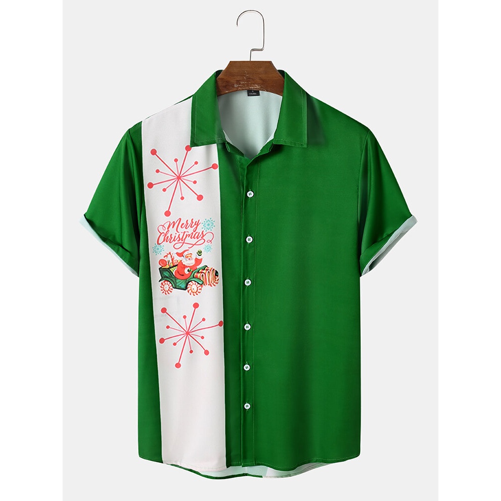 Men Patchwork Contrast Color Block Short Sleeve Casual Shirts - Green M