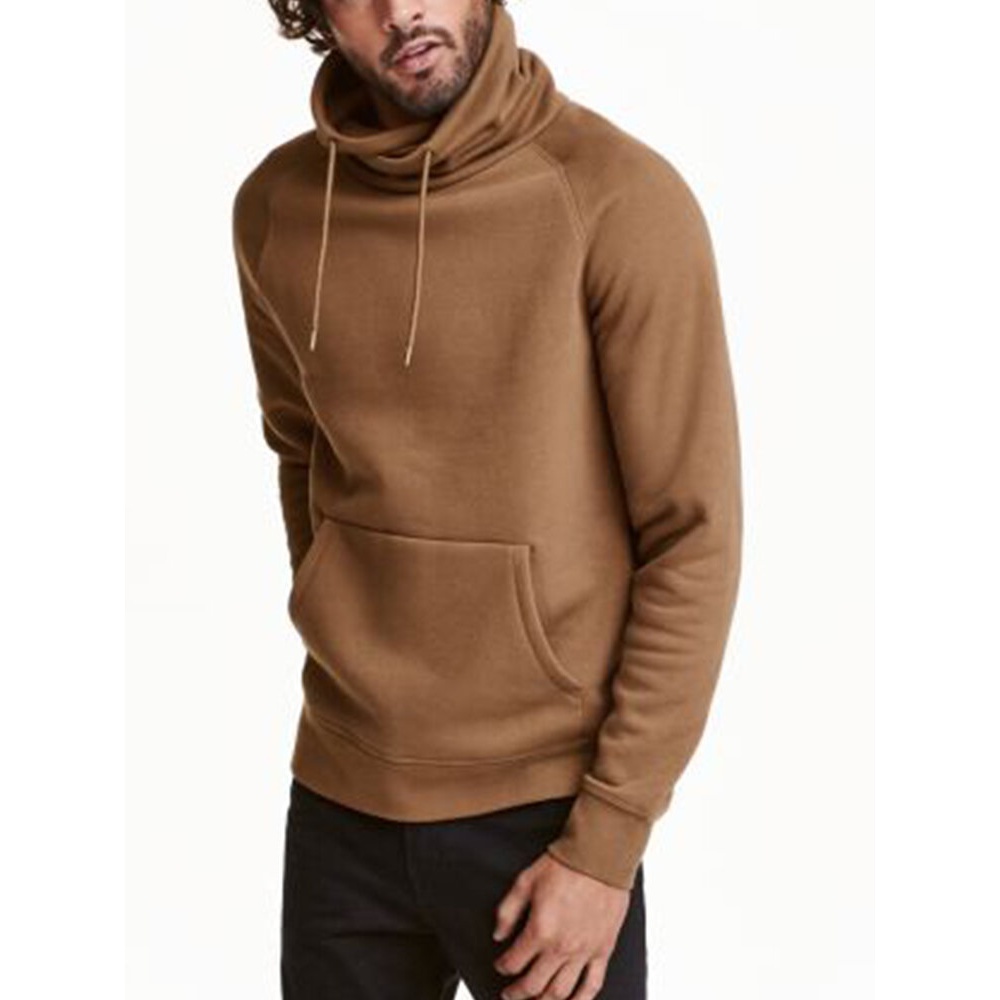 Mens Solid High Drawstring Neck Kangaroo Pocket Pullover Sweatshirts - Brown S