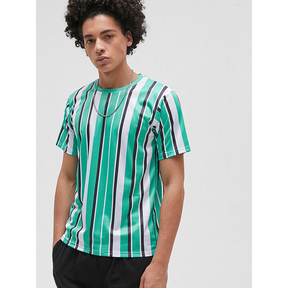 Mens Vertical Stripe Crew Neck Short Sleeve Casual T-Shirts - Pink S