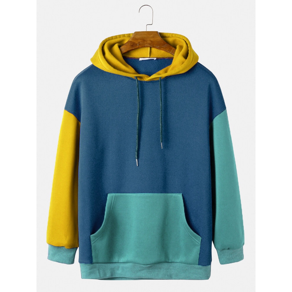Colorful Patchwork Solid Color Kangaroo Pocket Long Sleeve Drawstring Hoodies - Blue S