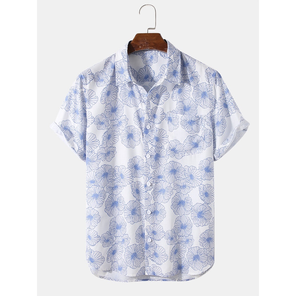 Mens Allover Floral Print Short Sleeve Shirts With Chest Pocket - Off White S
