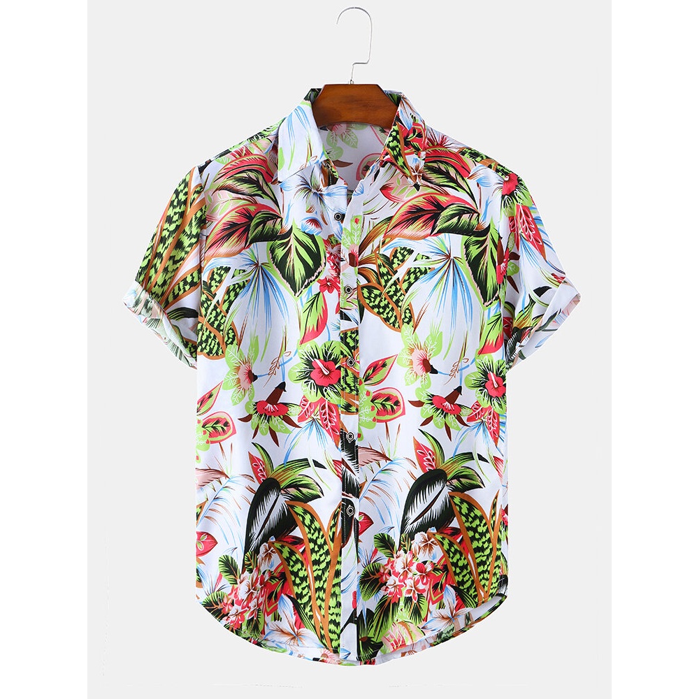 Mens Tropical Plant Printed Light Casual Short Sleeve Shirts - White XL