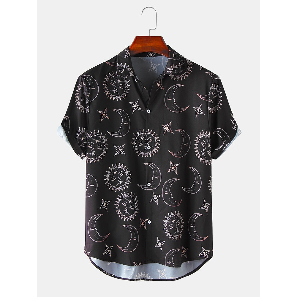Mens Space Print Turn Down Collar Short Sleeve Shirts - Black 2XL
