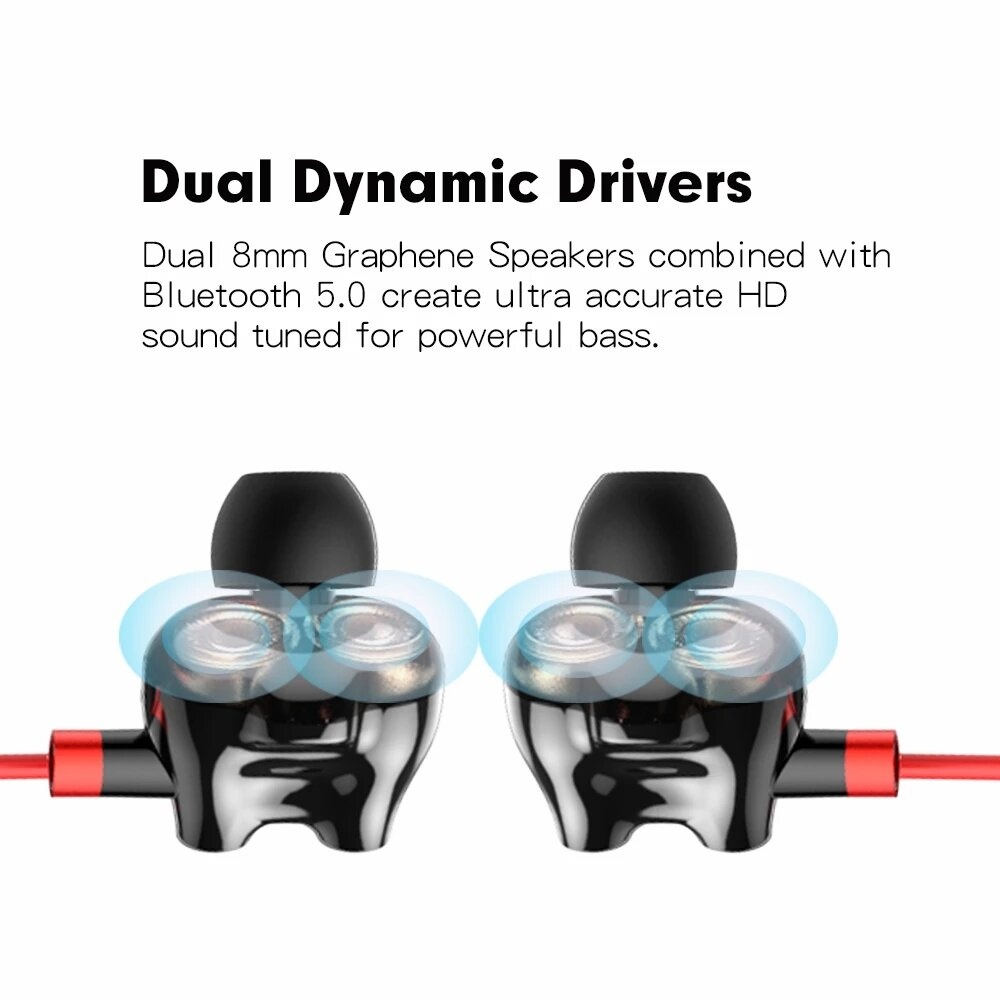 Wavefun Flex U Dual Drivers Strong Bass bluetooth Earphone Wireless Headphones 10 Hours Music Time Fashion Design with Micophone - Red - Image 2