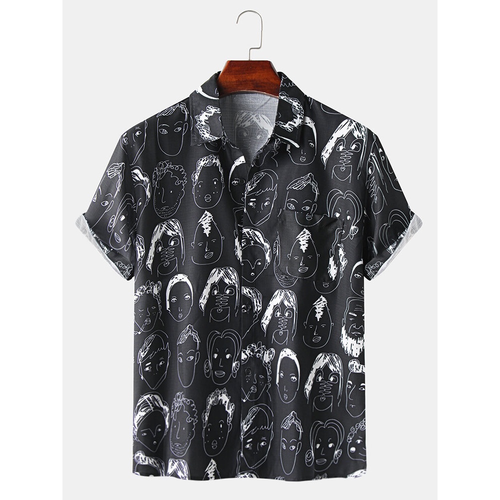 Men Funny Graffiti Face Print Turn Down Collar Short Sleeve Casual Shirts - White M