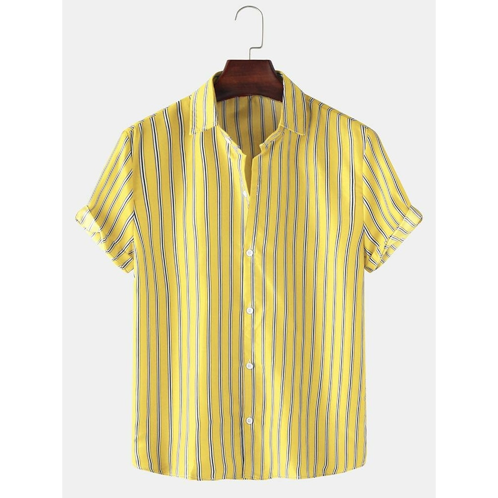 Mens Vertical Stripes Hawaii Style Short Sleeve Lapel Collar Shirts - Red S