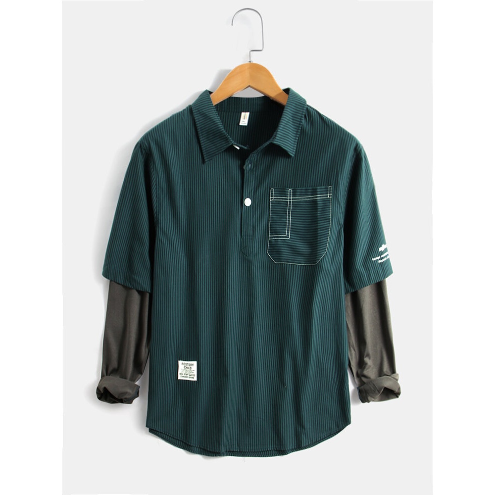 Mens Pinstripe Lapel Patchwork Doctor Sleeve Cotton Casual Long Sleeve T-Shirts - Blue XL