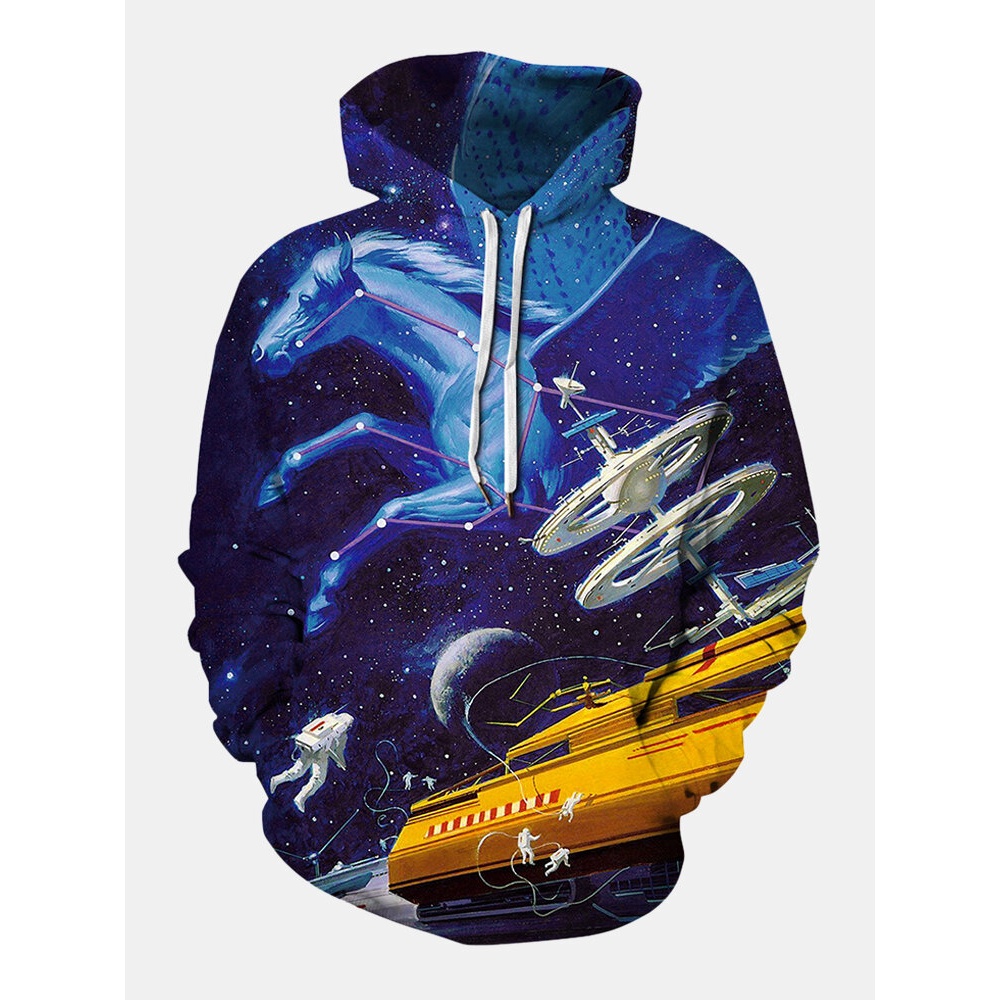 Mens Allover 3D Space Horse Print Casual Kangaroo Pocket Drawstring Hoodies - Purple M