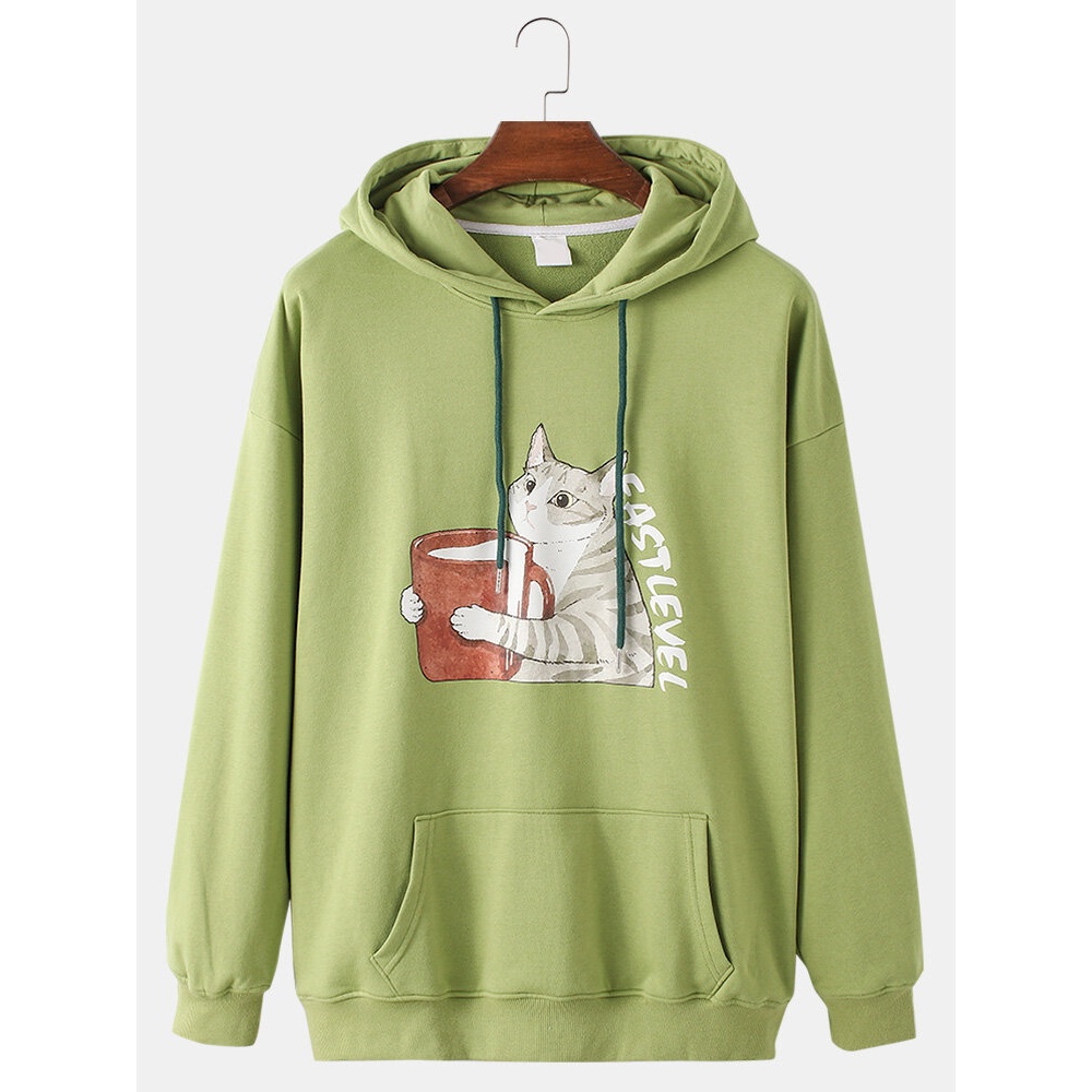 Mens Cartoon Cat Print Drop Sleeve Casual Loose Fit Kangaroo Pocket Hoodies