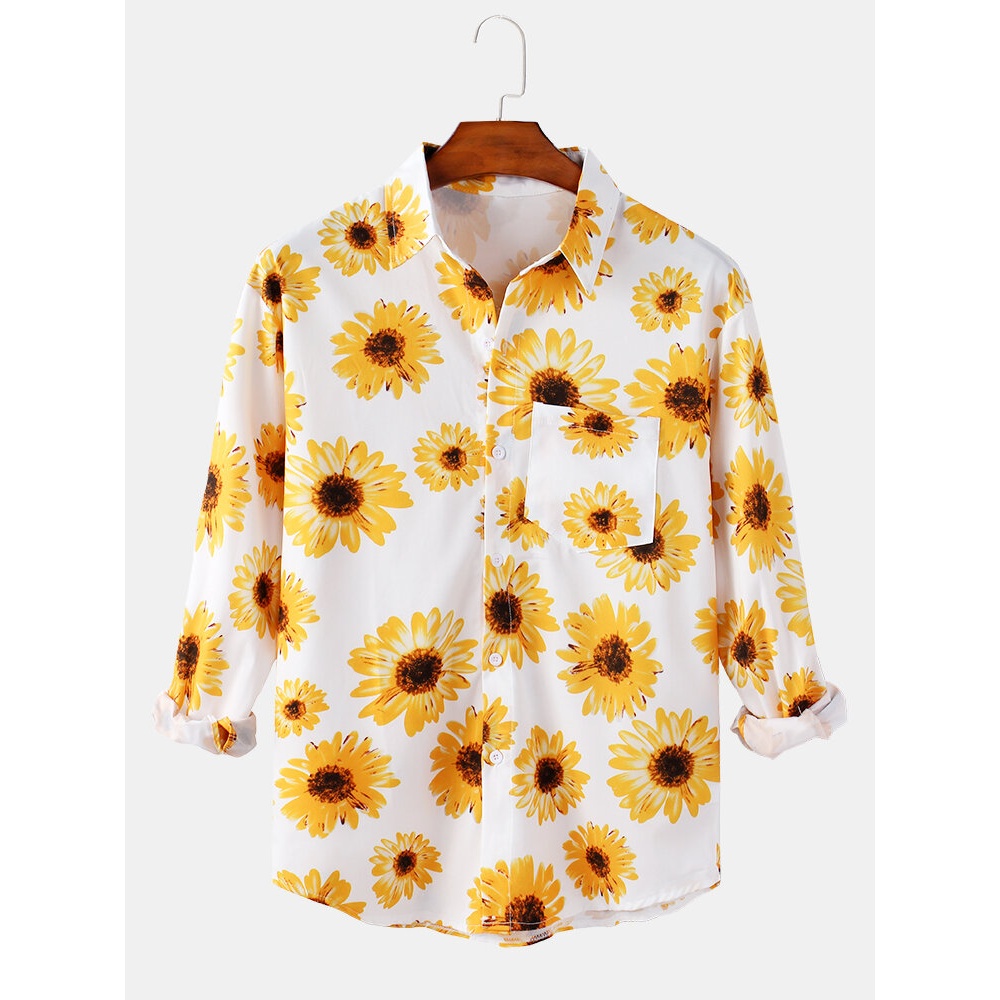 Mens Daisy Print Chest Pocket Button Up Long Sleeve Holiday Style Shirts - White S