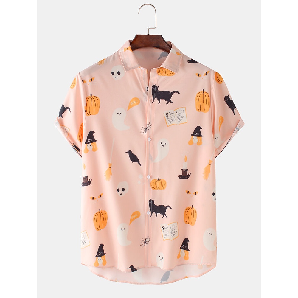 Mens  Funny Animal Pumpkin Figure Print Loose Casual Short Sleeve Shirts - Pink L