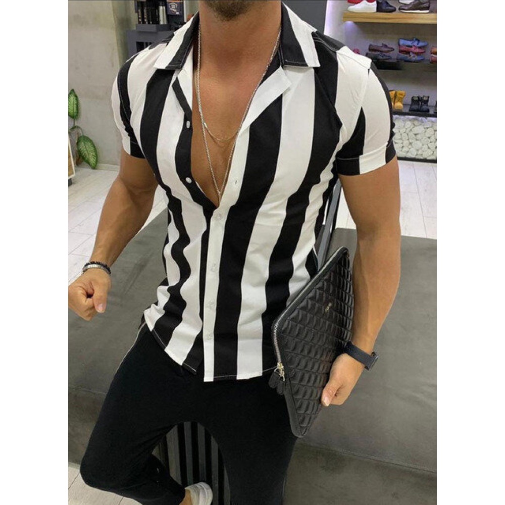 Season Men's Shirt Men's Short-sleeved Mercerized Cotton Striped Color Matching Slim Shirt Men's Short-sleeved Shirt - XXL Black