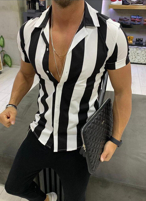 Season Men's Shirt Men's Short-sleeved Mercerized Cotton Striped Color Matching Slim Shirt Men's Short-sleeved Shirt - XXL Black