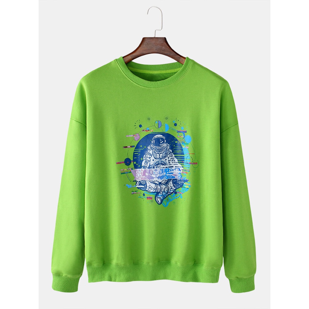 Mens Astronaut Print Round Neck Pullover Long Sleeve Drop Shoulder Cute Sweatshirts - Dark Grey S