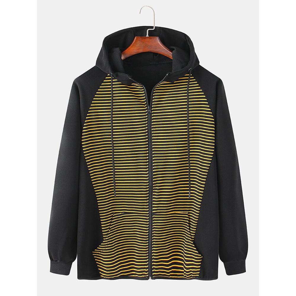 Mens Cotton Contrast Stripe Patchwork Casual Drawstring Hooded Cardigans - M White