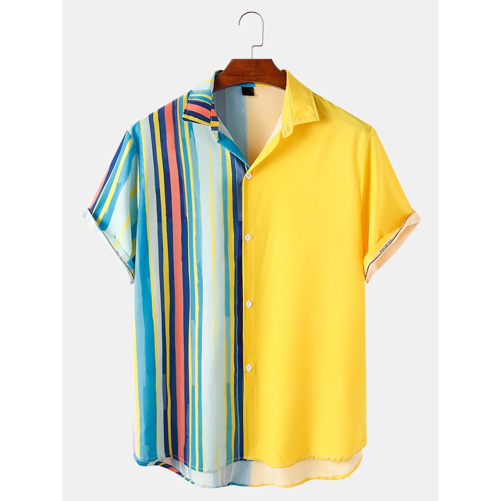 Mens Parchwork Turn Down Collar Short Sleeve Shirts - Green L