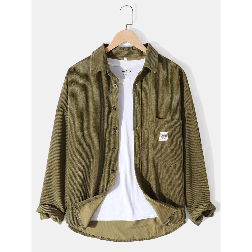 Mens Corduroy Solid Long Sleeve Pocket Casual Shirt - Grey M