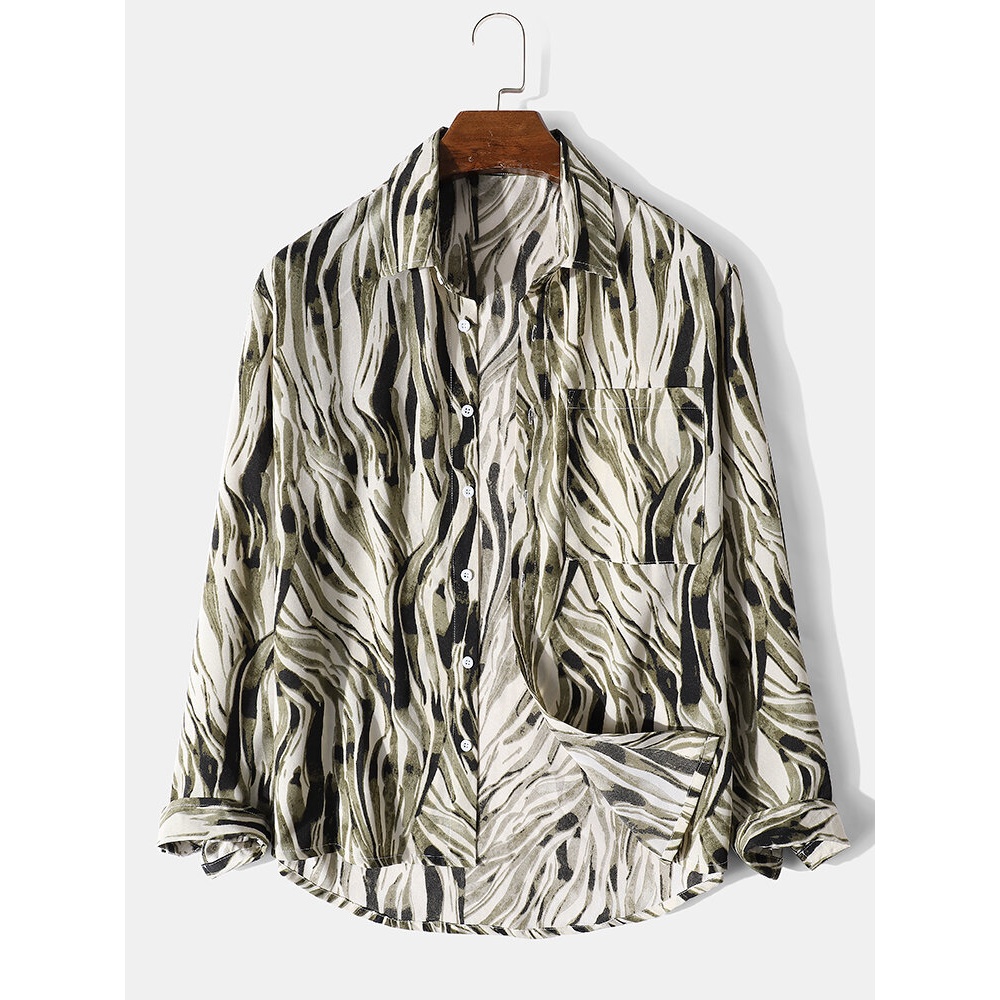 Mens Abstract Wave Print Button Up Holiday Long Sleeve Shirts With Pocket - Green S