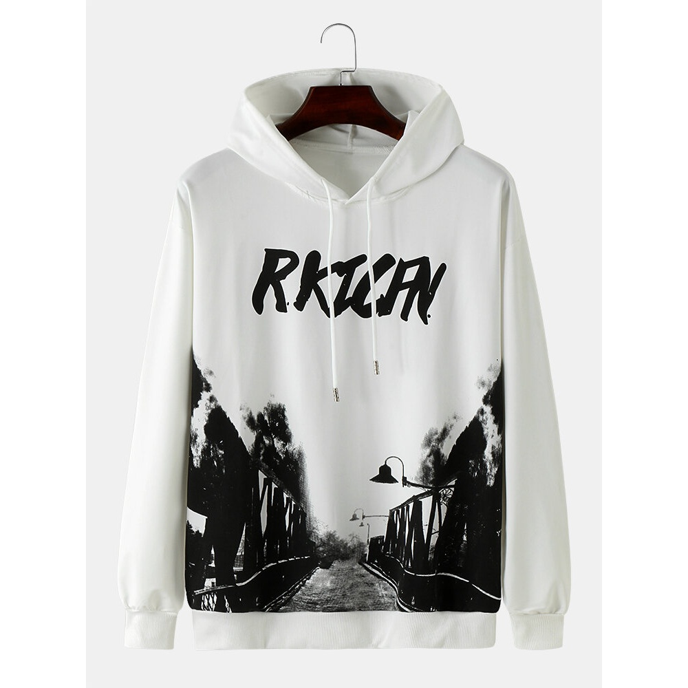Men Landscape Printed Pattern Letter Drawstring Hooded Sweatshirt - White L