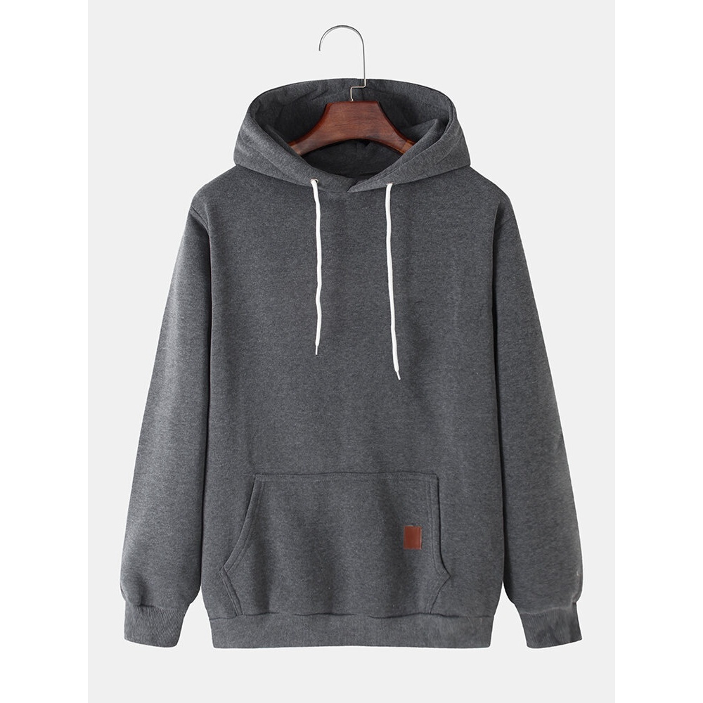 Mens Solid Color Kangaroo Pocket Simple Long Sleeve Hoodies - Black M