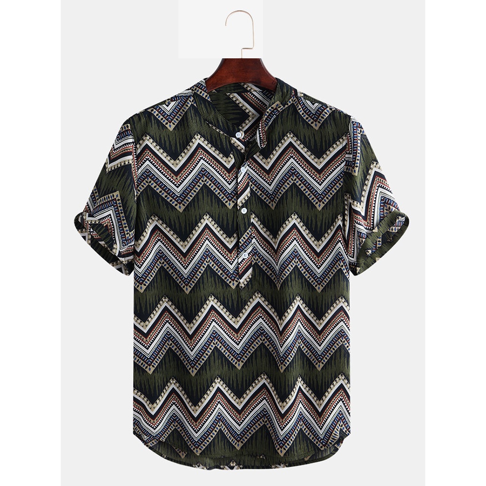 Mens Ethnic Chevron Printed Short Sleeve Casual Loose Henley Shirts Shirts - L As picture shows