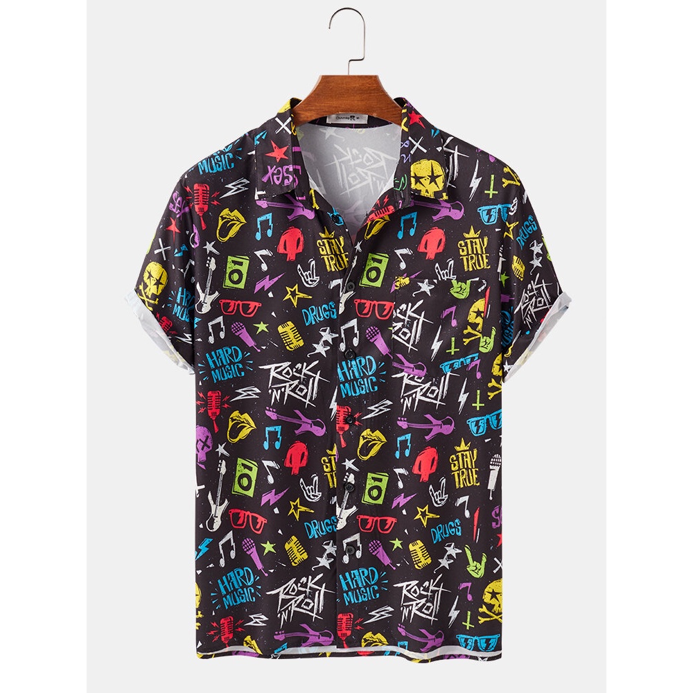 Mens Funny Colorful Music Graffiti Print Button Up Lapel Collar Short Sleeve Shirts - Black S