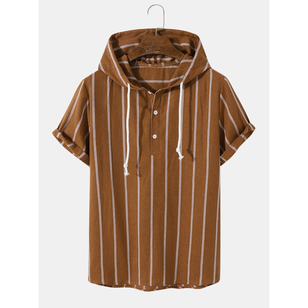 Mens Hooded 100% Cotton Striped Casual Shirts - White 2XL