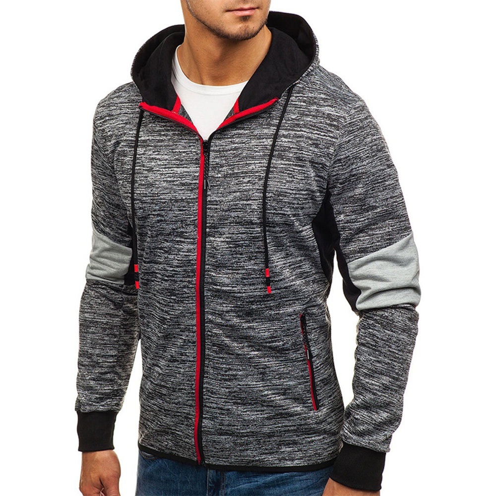 Men Zipper Color Block Hooded Sweatshirt - M Light Grey