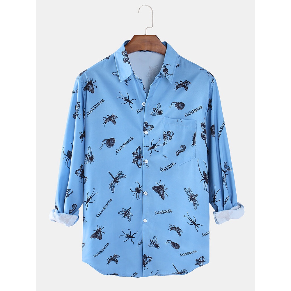 Mens Insect Print Chest Pocket Lapel Long Sleeve Casual Shirts - Black M
