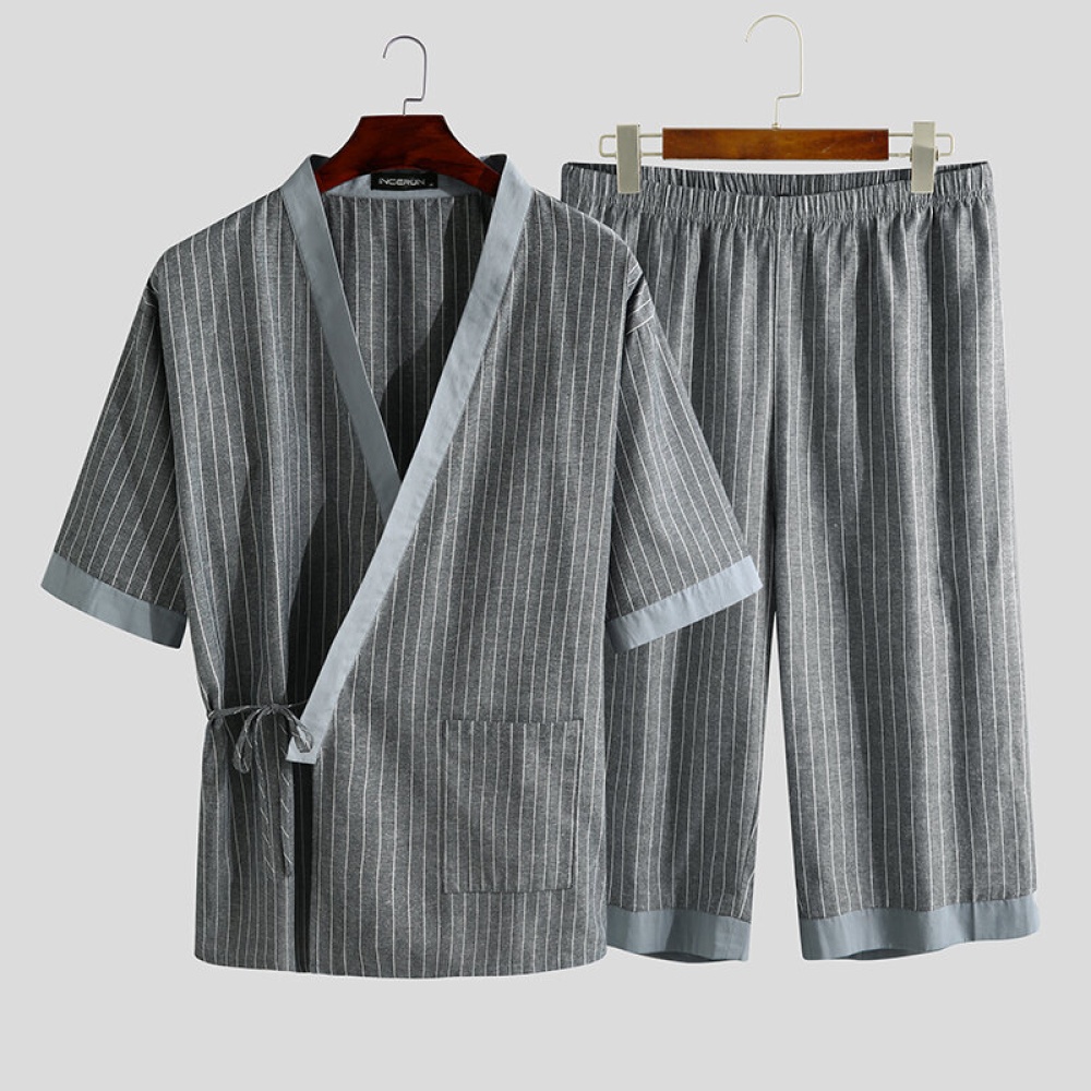 Men Loose Cotton Kimono Robe Set Shirt Short Pajamas Nightwear Soft Breathable Sleepwear - 2XL