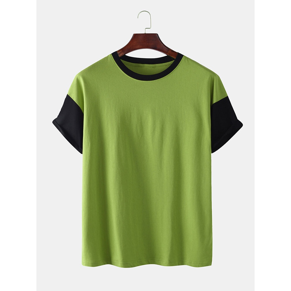 Mens Color Block Contrast Color Crew Neck Short Sleeve Casual T-Shirts - Green 3XL