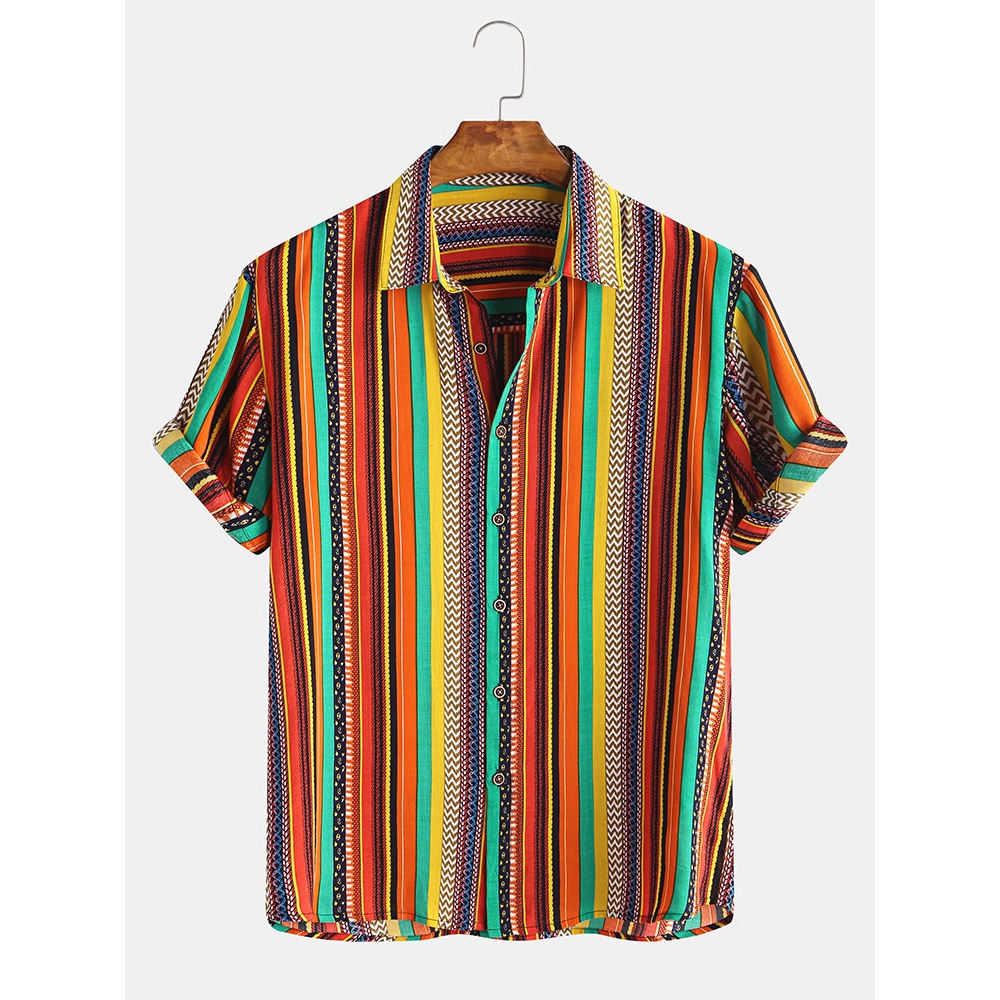 Mens New Fashion Casual Striped Short Sleeved Shirts - 3XL Red