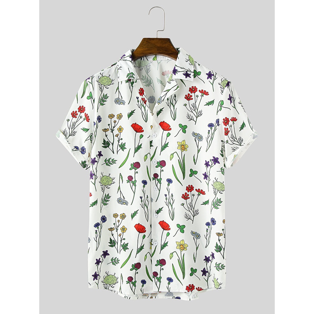 Mens Colorful Frower Leaf Print Revere Collar Short Sleeve Shirt - White S