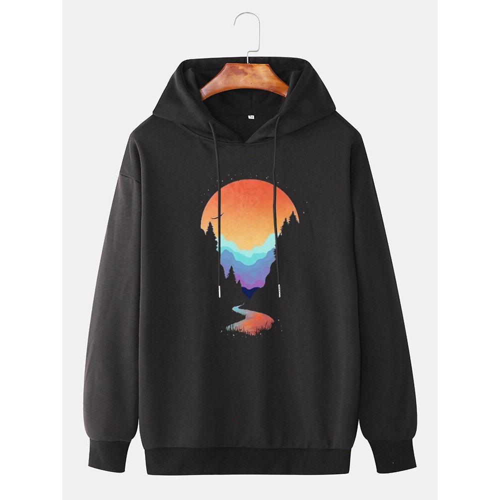 Mens Cotton Landscape Print Design Drawstring Hoodies - Black M