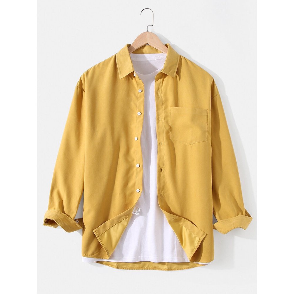 Mens Cotton Casual Solid Color Long Sleeve Lapel Shirts With Pocket - Yellow XL