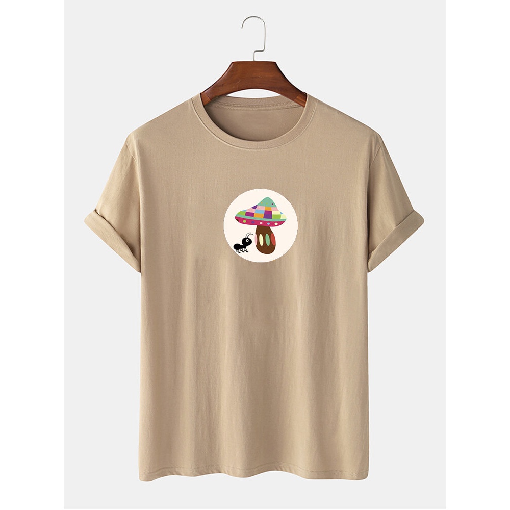 Mens Cartoon Ant Mushroom Graphic Print O-Neck 100% Cotton T-Shirt - Black M