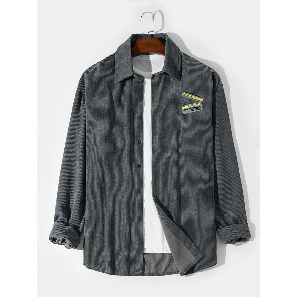 Mens Corduroy Solid Color Label Button Casual Shirt - Dark Blue M