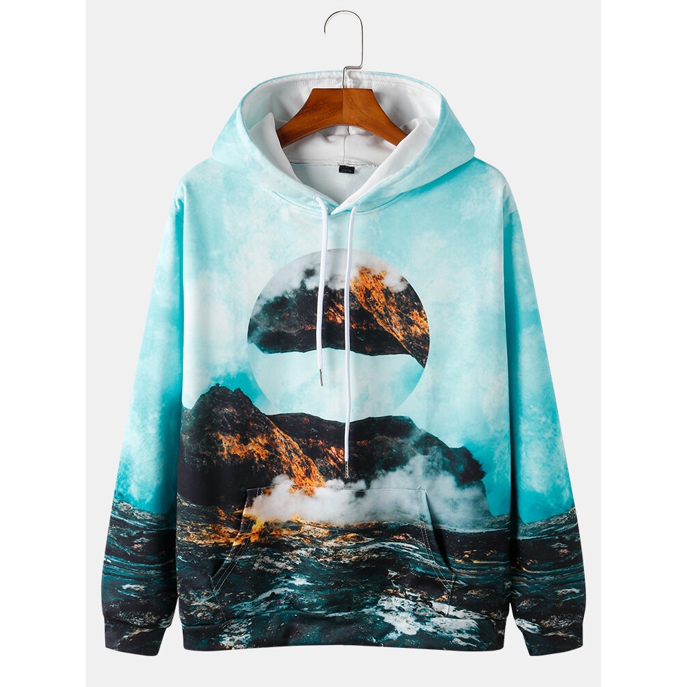 Mens All Over Mountain Scenery Print Drawstring Pullover Hoodies - Blue L