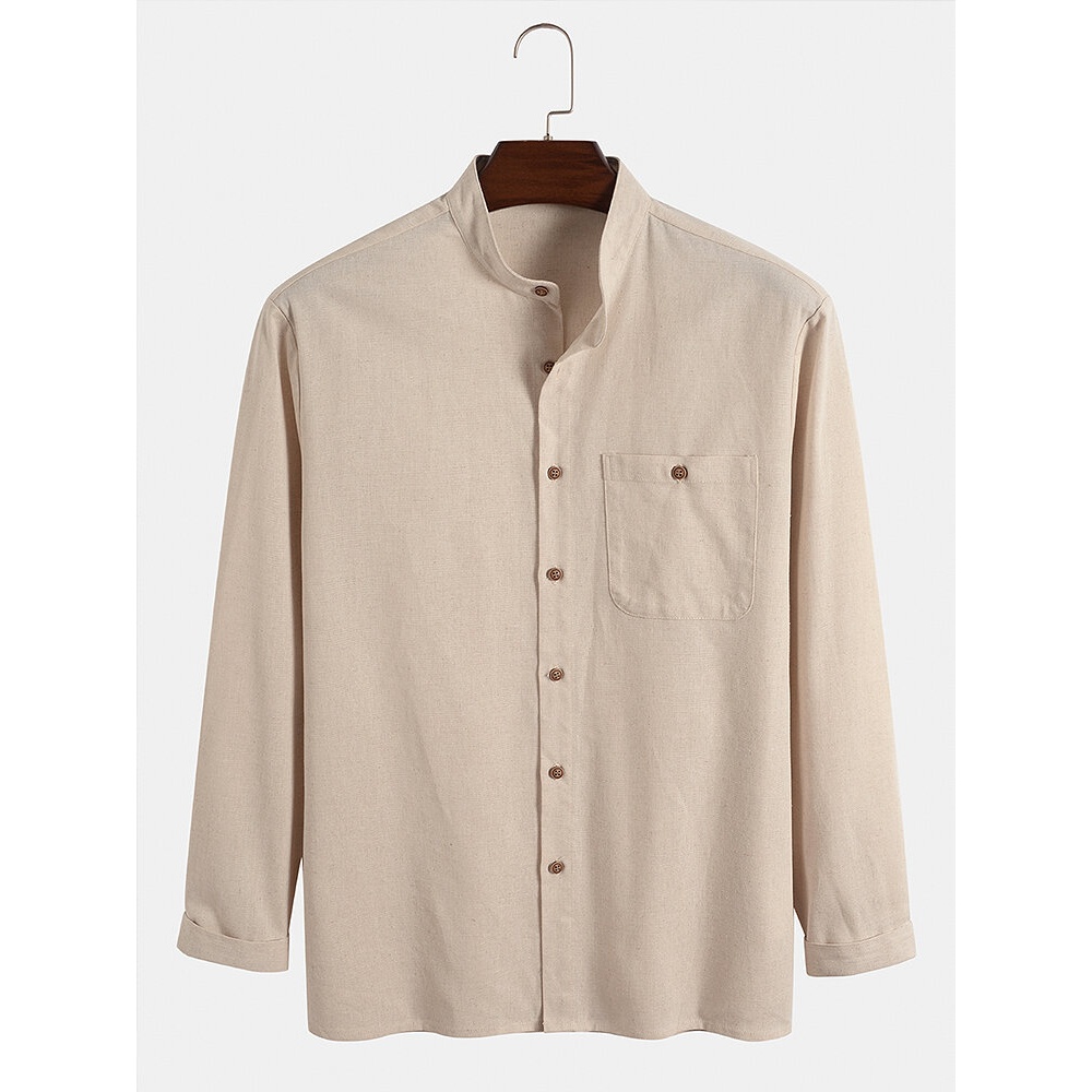 Mens Solid Stand Collar Button Up Pocket Shirt - Khaki S