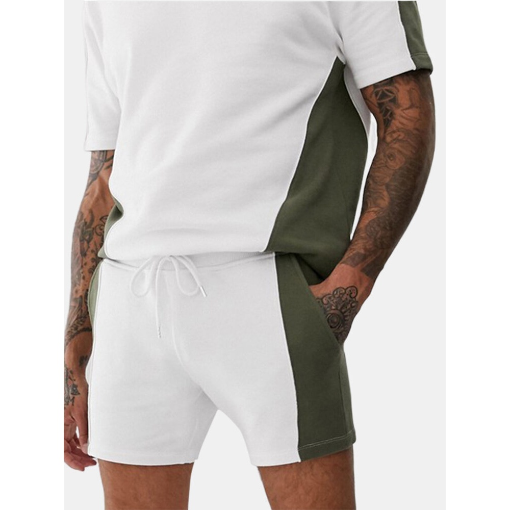 Men Casual Cotton Hooded Patchwork Sport Suit Elasticated Waist Shorts Home Two Piece Loungewear - Green XL