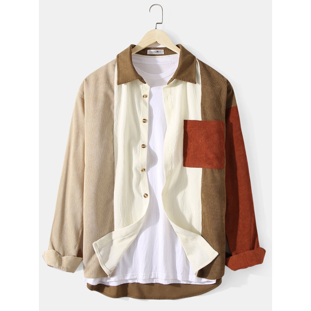 Mens Corduroy Color Block Patchwork Lapel Long Sleeve Shirts - Brown S