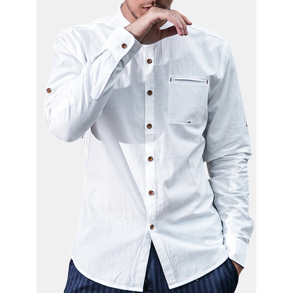 Chinese Style Cotton Linen Spring Fall Pure Color Men Casual Shirt - S Navy Blue