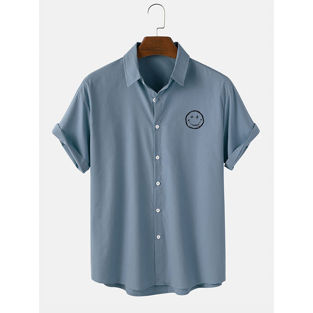 Mens Simple Emojis Print Button Up Casual Short Sleeve Shirts - Blue S