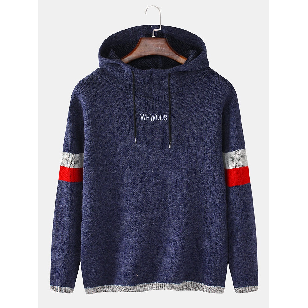 Mens Letter Embroidery Knitted Long Sleeve Hooded Sweaters - L Blue