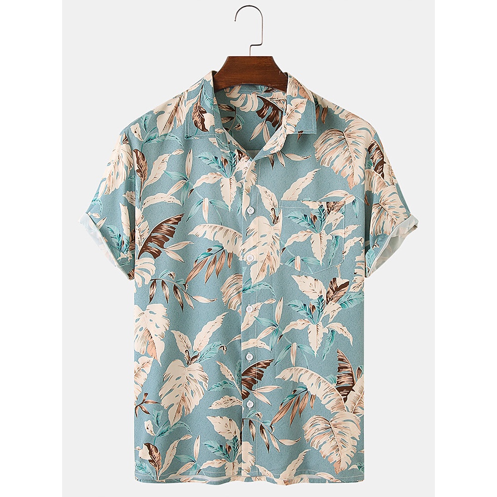 Hawaii Casual Men Plant Print Lapel Collar Short Sleeve Shirts - Lake Blue S